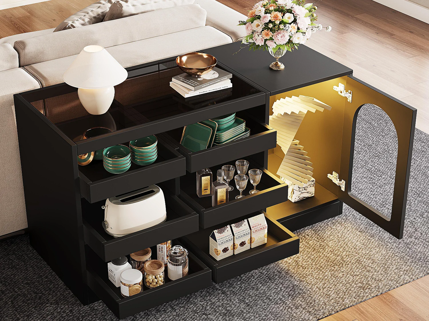Buffet moderne 120x40x75cm - avec 6 tiroirs et 1 porte - avec LED - MDF - noir