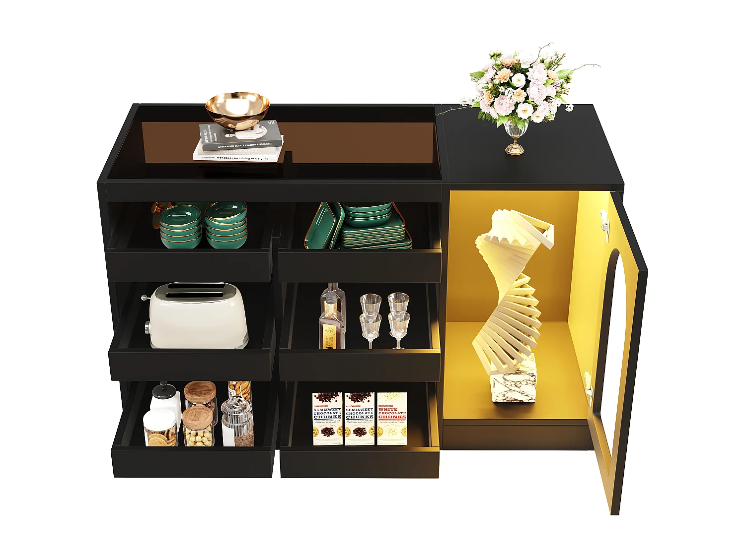 Buffet moderne 120x40x75cm - avec 6 tiroirs et 1 porte - avec LED - MDF - noir