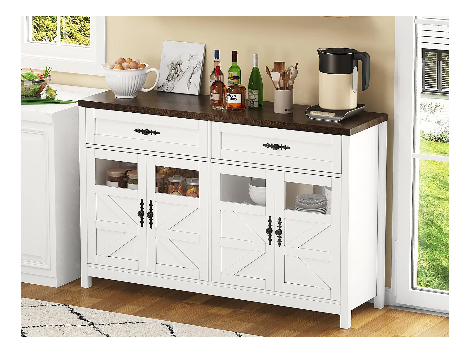 Buffet moderne 140x39x90cm - avec 4 portes et 2 tiroirs - Blanc + Marron