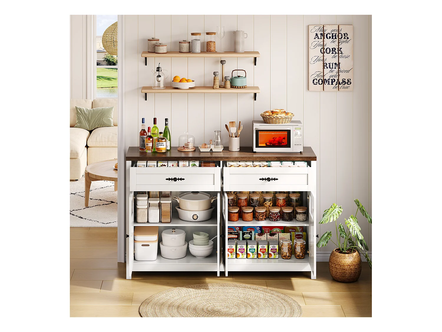 Buffet moderne 140x39x90cm - avec 4 portes et 2 tiroirs - Blanc + Marron