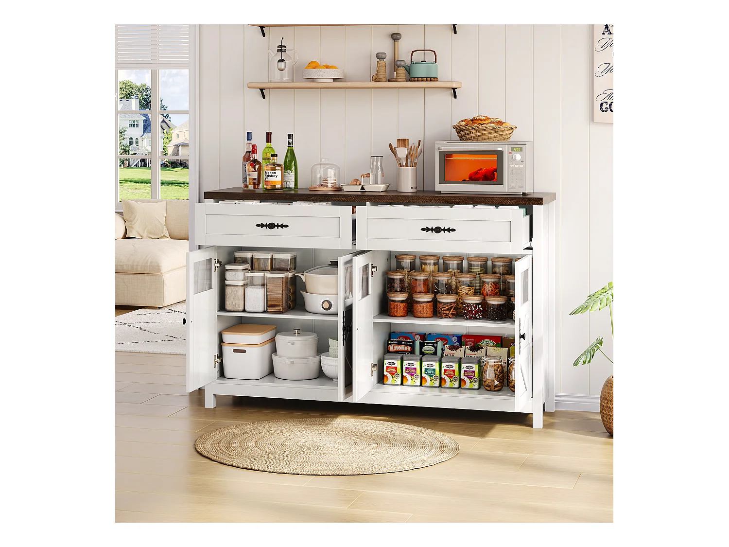 Buffet moderne 140x39x90cm - avec 4 portes et 2 tiroirs - Blanc + Marron