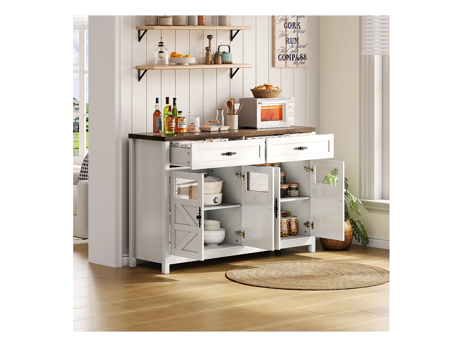 Buffet moderne 140x39x90cm - avec 4 portes et 2 tiroirs - Blanc + Marron