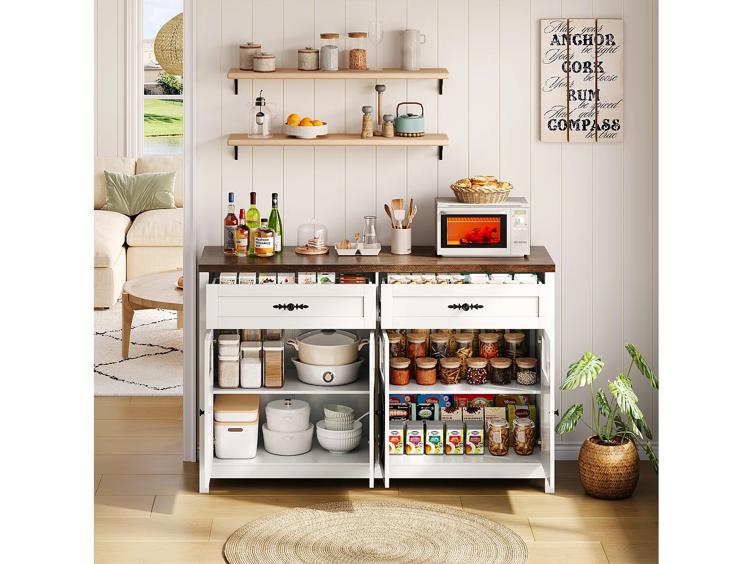 Nowoczesny kredens 140×39×90 cm - z 4 drzwiami i 2 szufladami - biały+brązowy