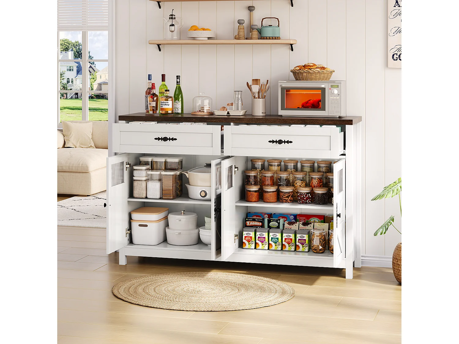 Nowoczesny kredens 140×39×90 cm - z 4 drzwiami i 2 szufladami - biały+brązowy