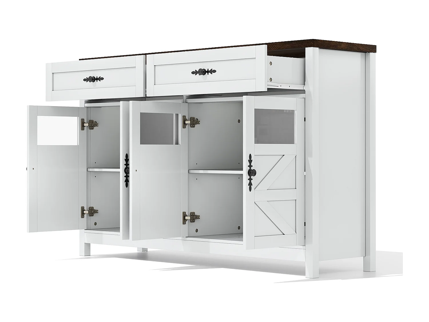 Nowoczesny kredens 140×39×90 cm - z 4 drzwiami i 2 szufladami - biały+brązowy