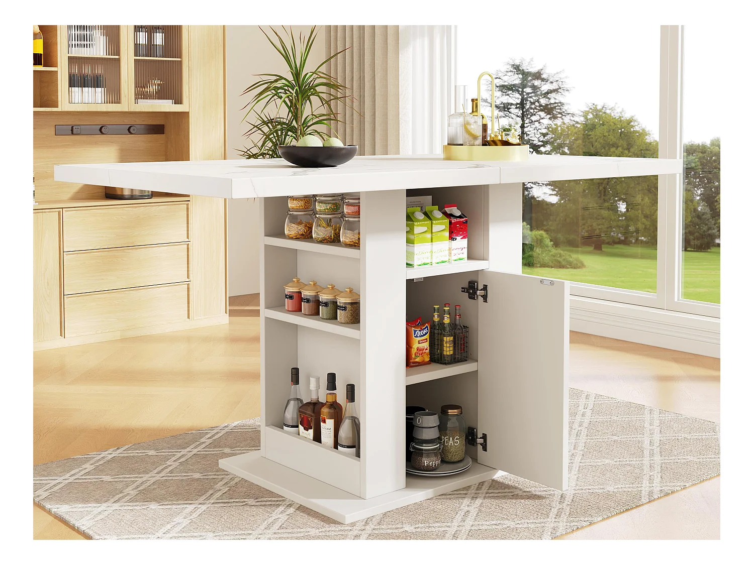 Table à manger - avec rangements - plan de travail en imitation marbre - en MDF - Blanc