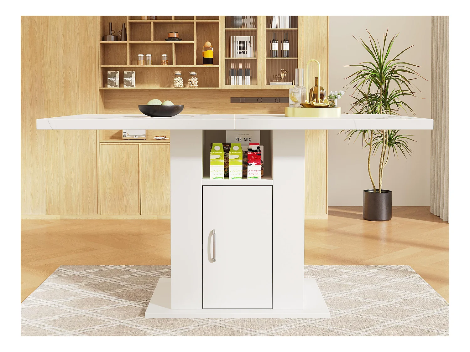 Table à manger - avec rangements - plan de travail en imitation marbre - en MDF - Blanc