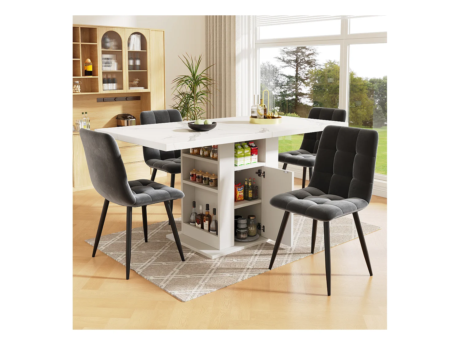 Esstisch mit Staufach - Arbeitsplatte mit Marmordekor - aus MDF - weiß