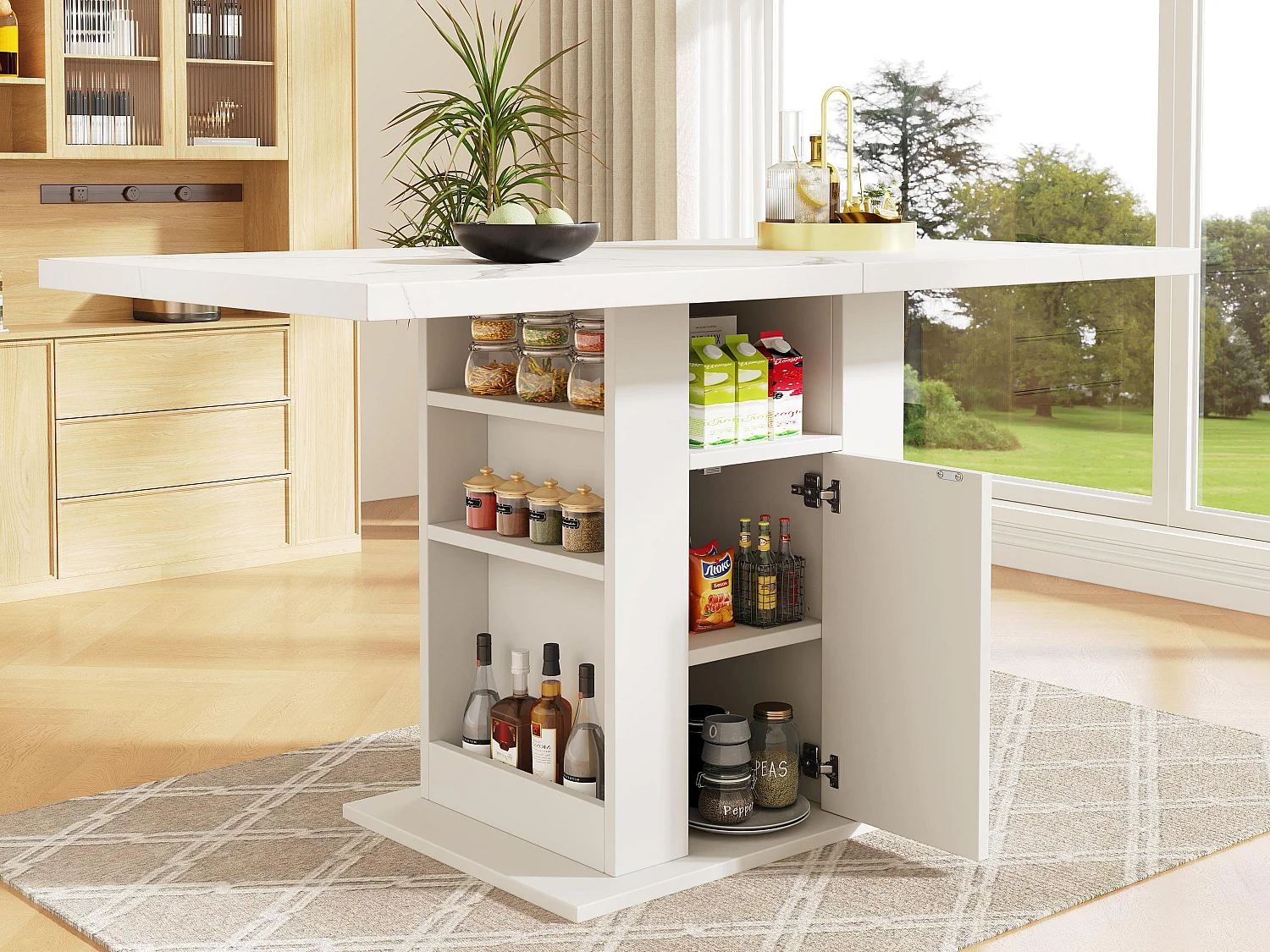 Table à manger - avec rangements - plan de travail en imitation marbre - en MDF - Blanc