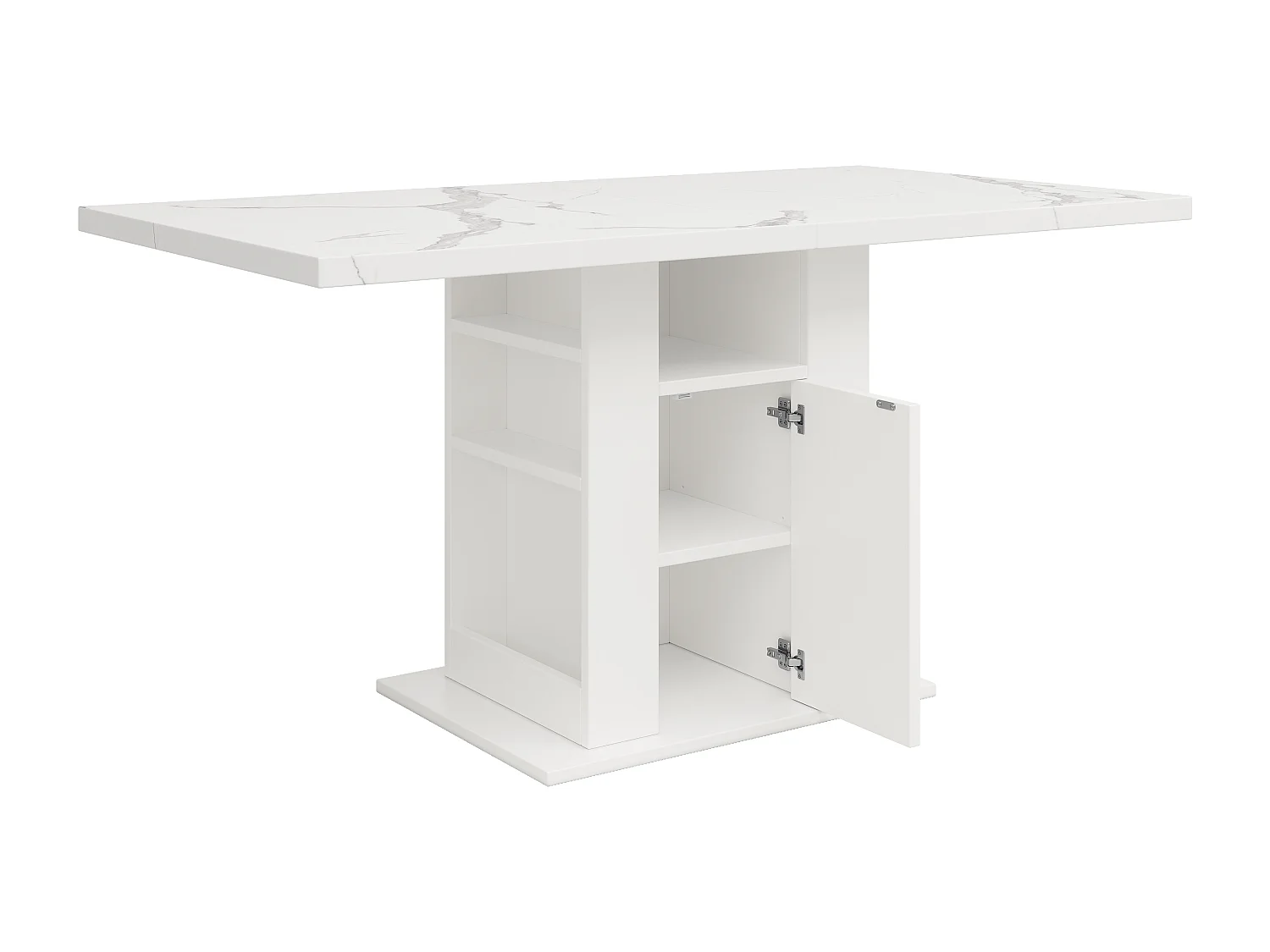 Table à manger - avec rangements - plan de travail en imitation marbre - en MDF - Blanc