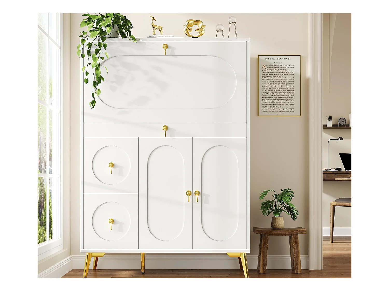 Buffet haut moderne - 3 portes et 2 tiroirs - en MDF - Blanc