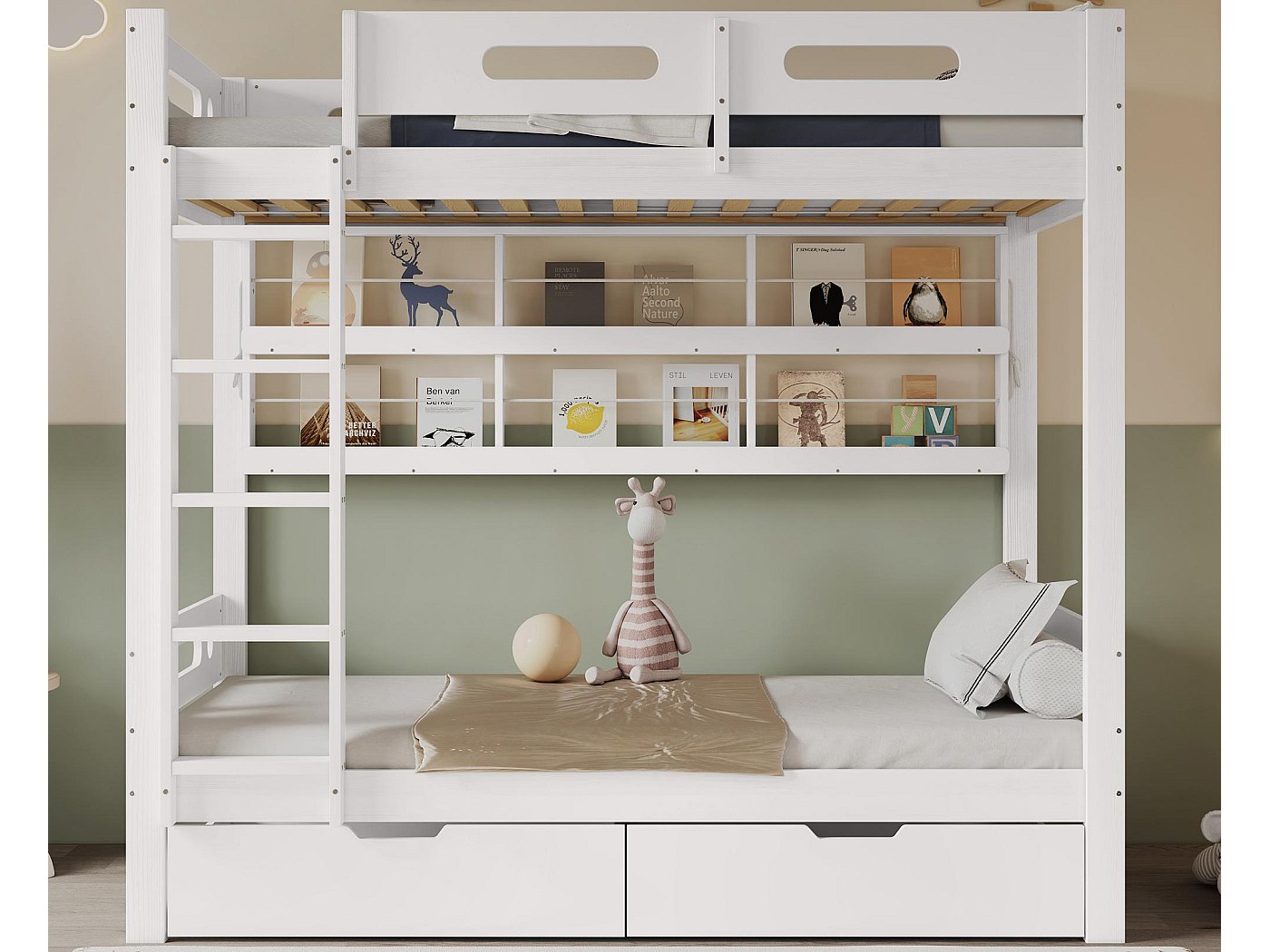 Lit Superposé Enfant Avec Armoire Et Rangements – 90x200 Cm, Pin Blanc/naturel, Certifié EN-747, Barrières De Sécurité