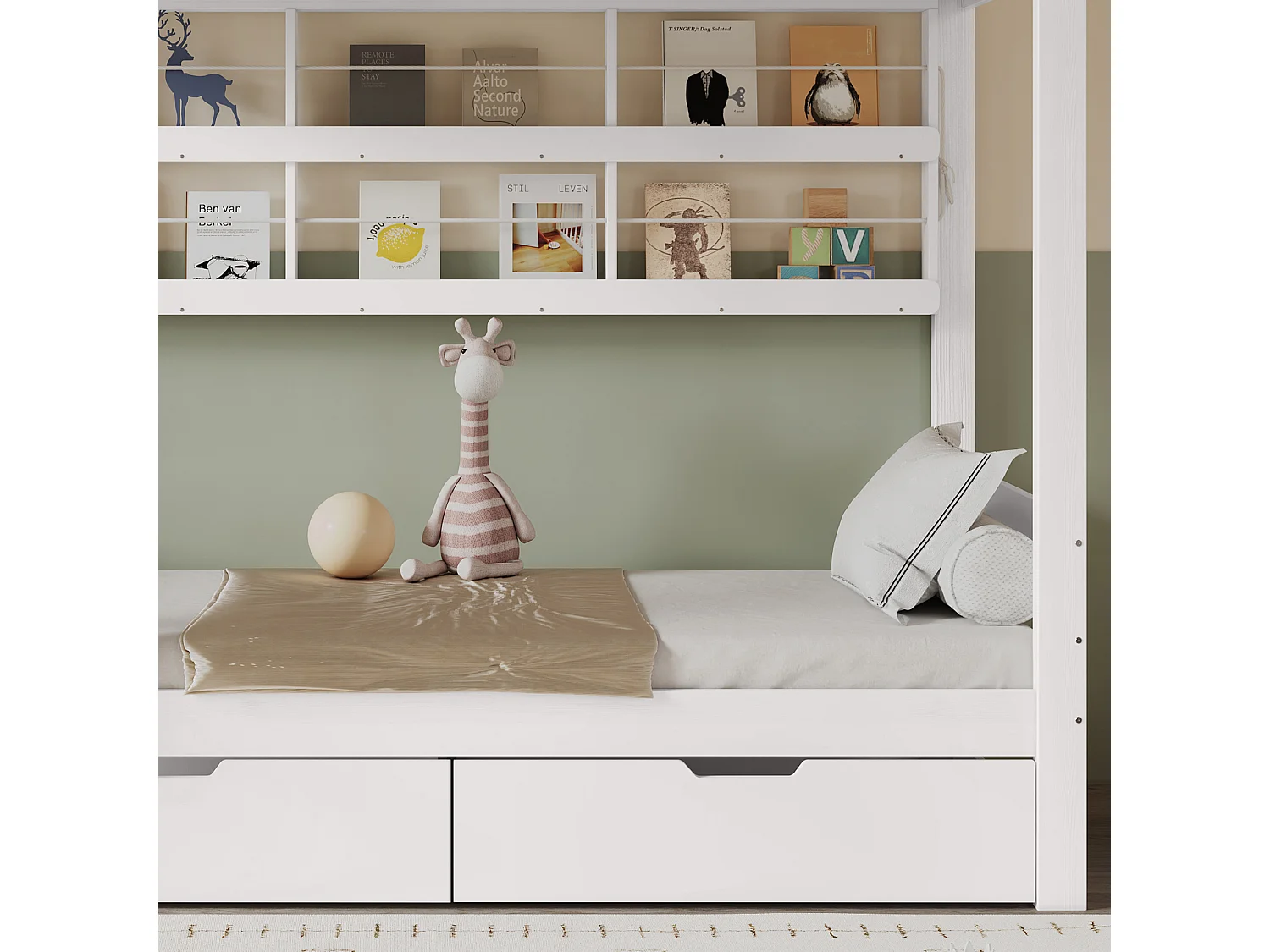 Etagenbett 90x200 cm - mit 2 Schubladen - mit offenen Regalen - Massivholz + MDF - Weiß (ohne Matratze)