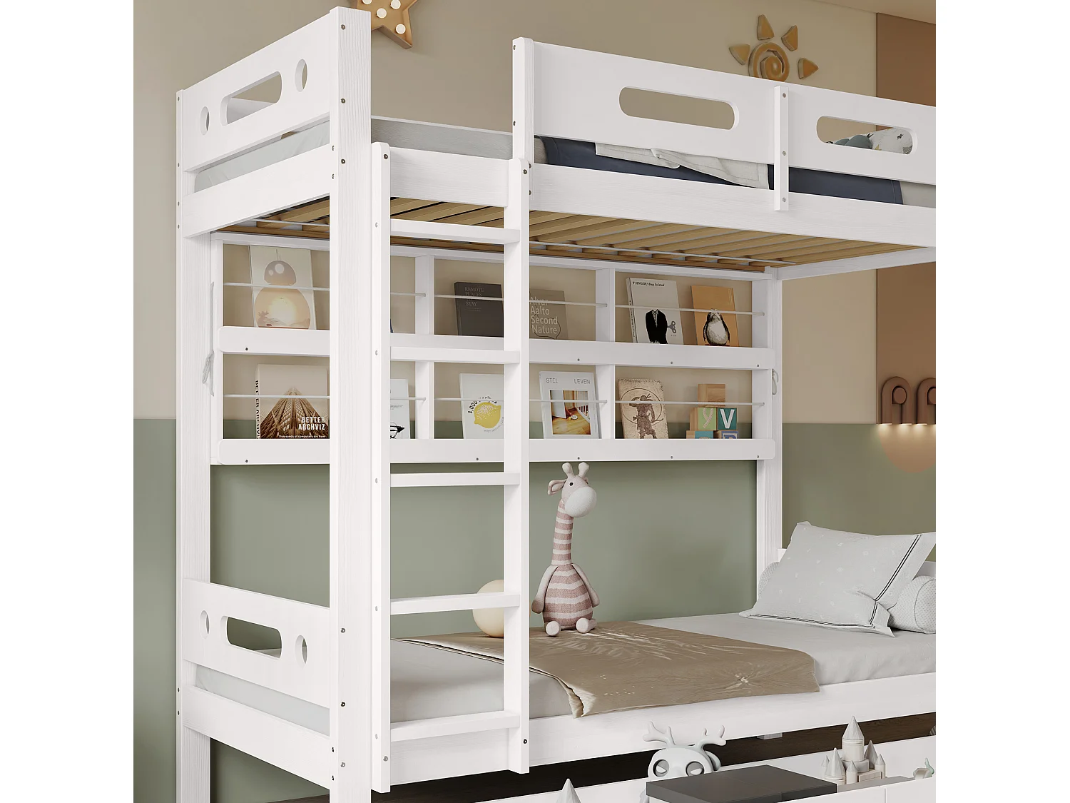 Etagenbett 90x200 cm - mit 2 Schubladen - mit offenen Regalen - Massivholz + MDF - Weiß (ohne Matratze)