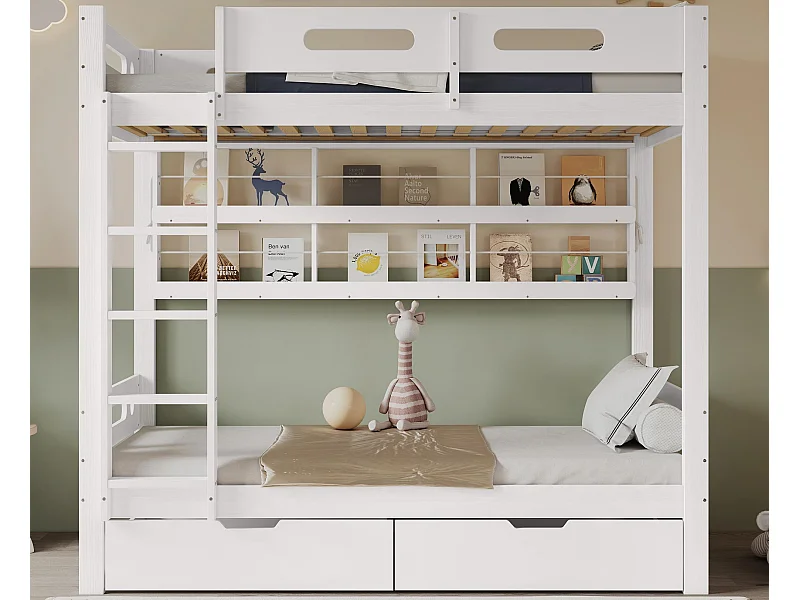 Etagenbett 90x200 cm - mit 2 Schubladen - mit offenen Regalen - Massivholz + MDF - Weiß (ohne Matratze)