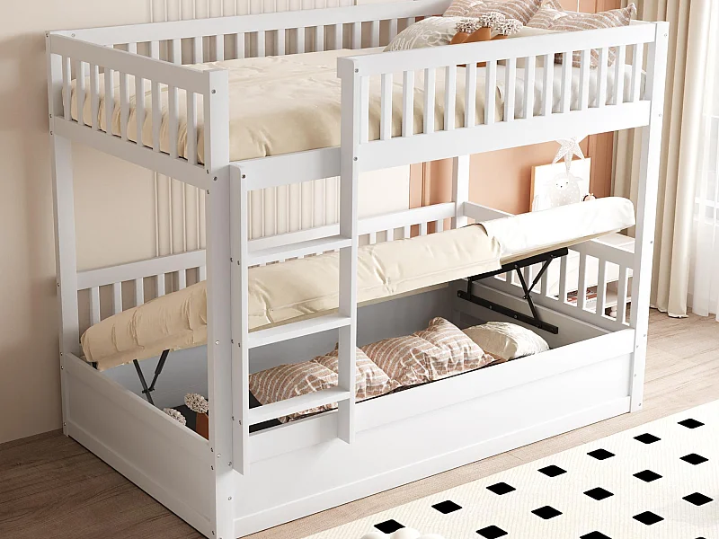 Beliche infantil 90×200 cm - Madeira maciça - Cama com baú em baixo - branco (colchão não incluído)