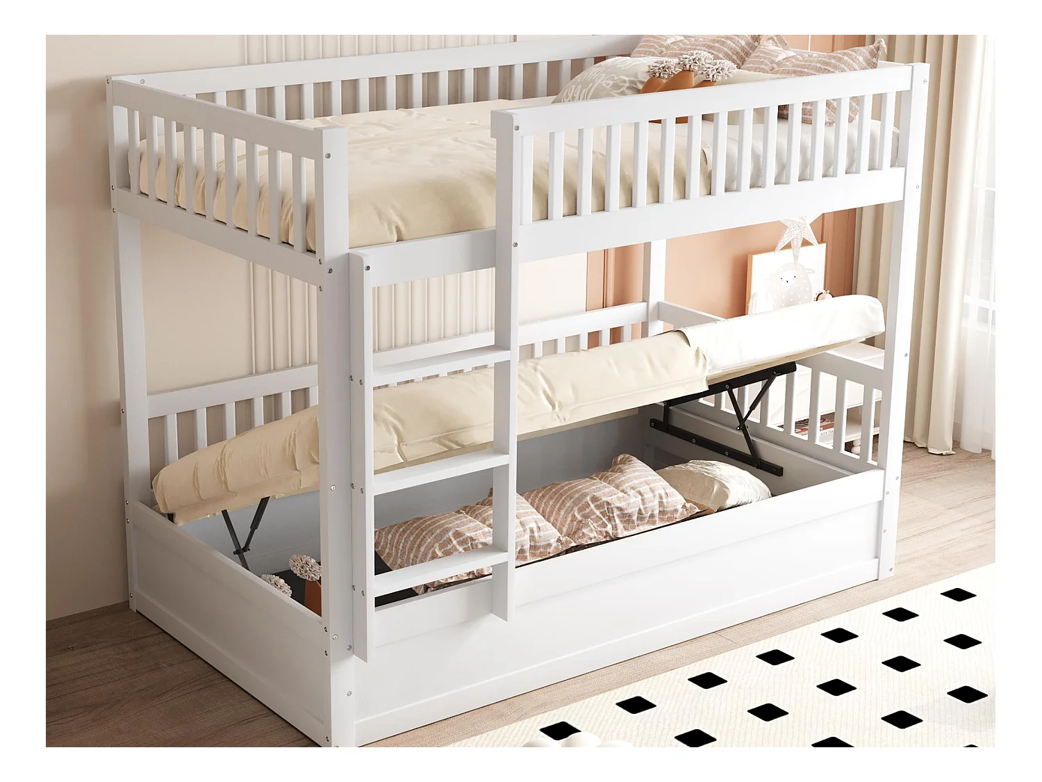Lit superposé enfant 90x200cm - Bois massif - Lit coffre en dessous - Blanc (matelas non inclus)