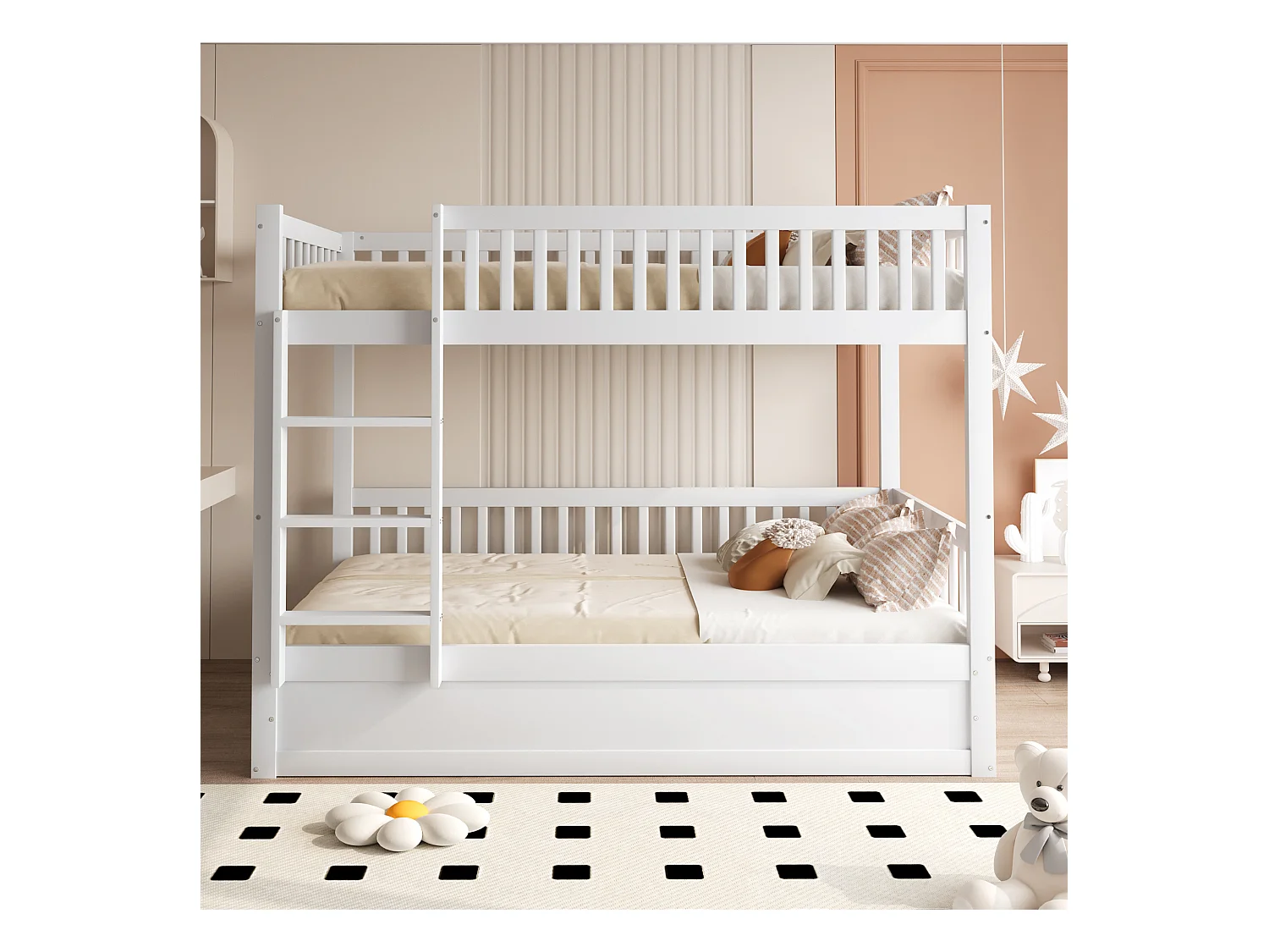 Lit superposé enfant 90x200cm - Bois massif - Lit coffre en dessous - Blanc (matelas non inclus)