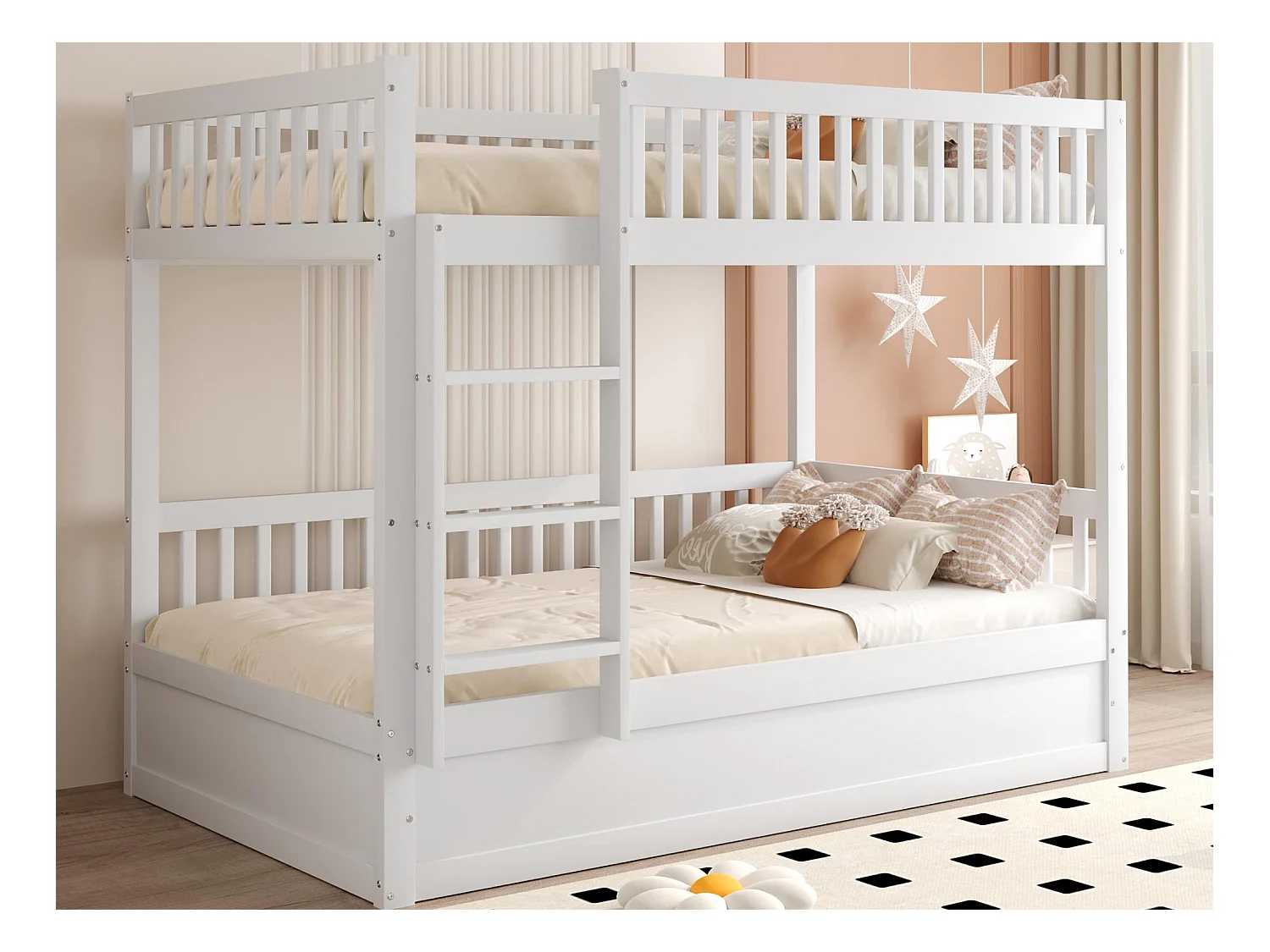 Lit superposé enfant 90x200cm - Bois massif - Lit coffre en dessous - Blanc (matelas non inclus)