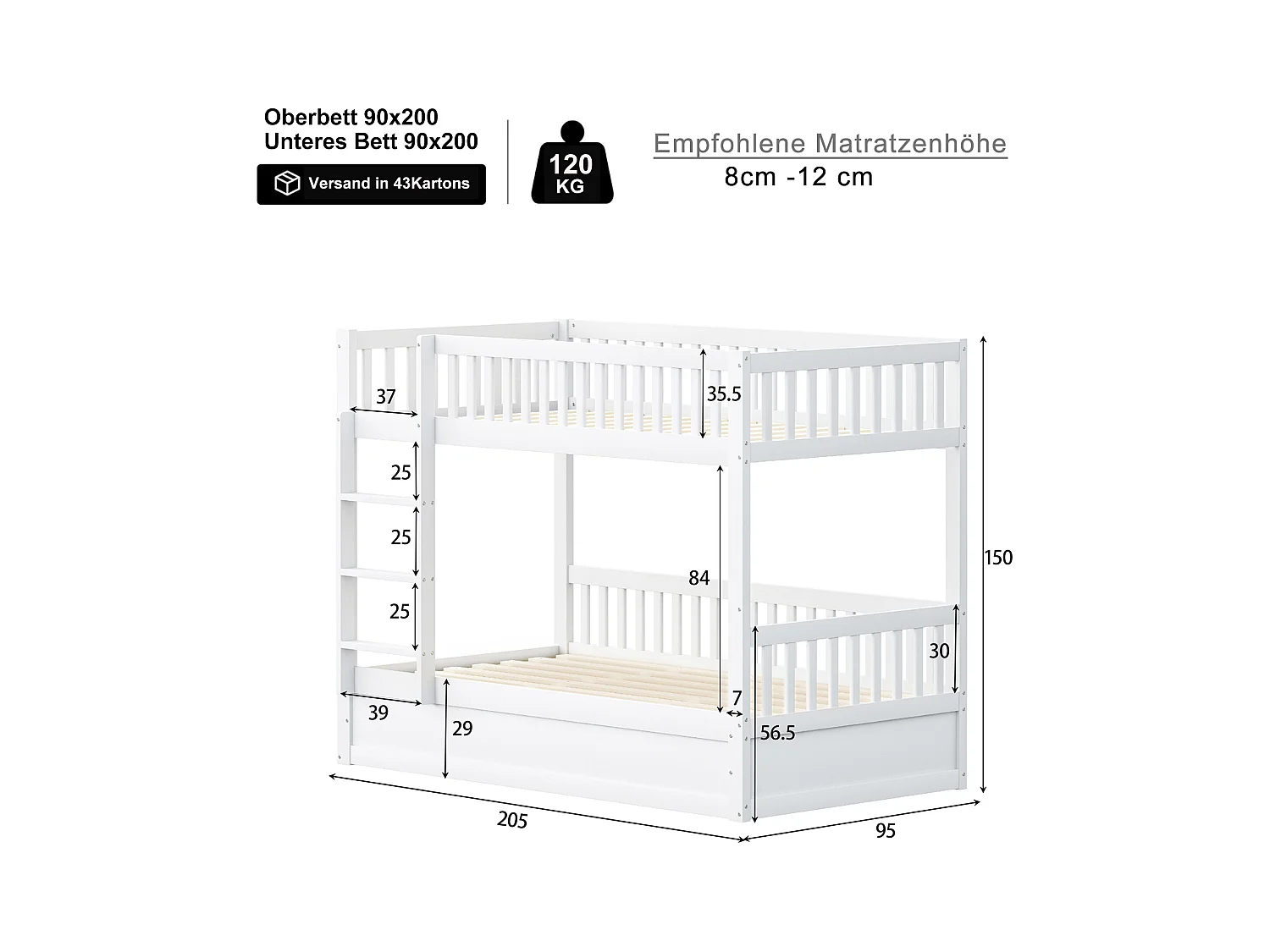 Lit superposé enfant 90x200cm - Bois massif - Lit coffre en dessous - Blanc (matelas non inclus)