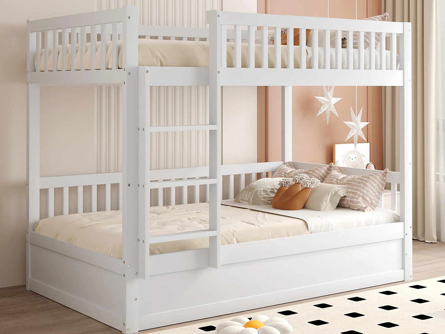 Kinder-stapelbed 90×200 cm - Massief hout - Bed met opberging onderin - wit (matras niet inbegrepen)