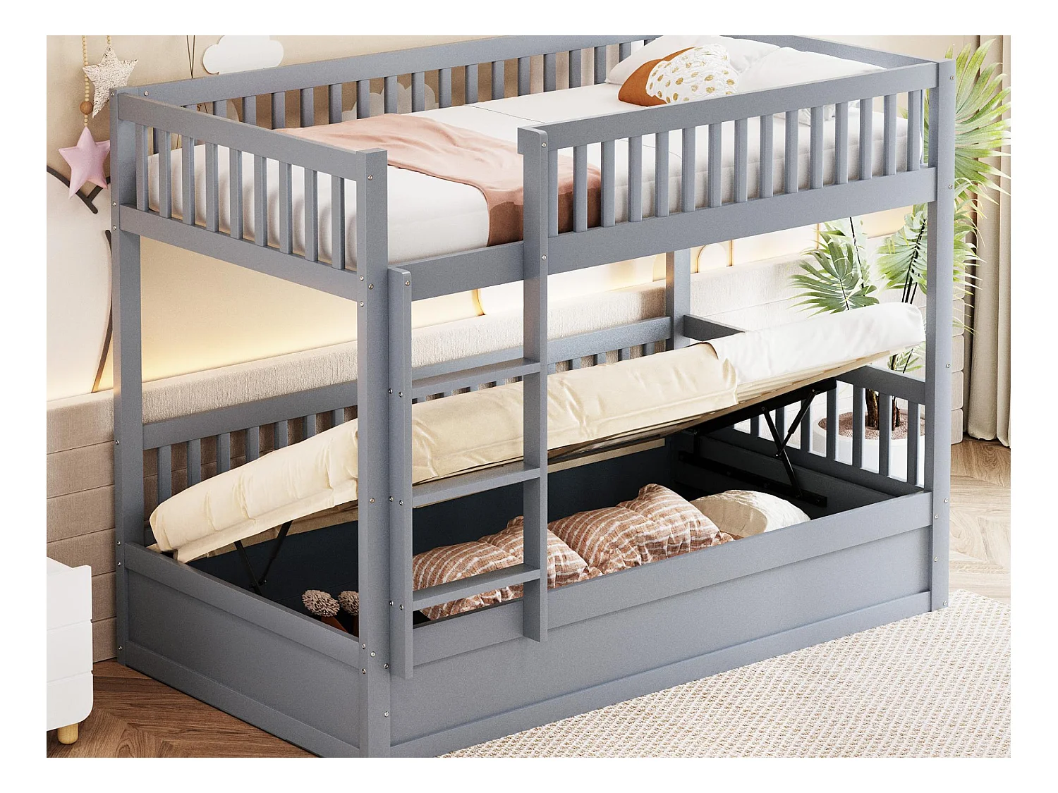 Lit superposé enfant 90x200cm - Bois massif - Lit coffre en dessous - gris (matelas non inclus)