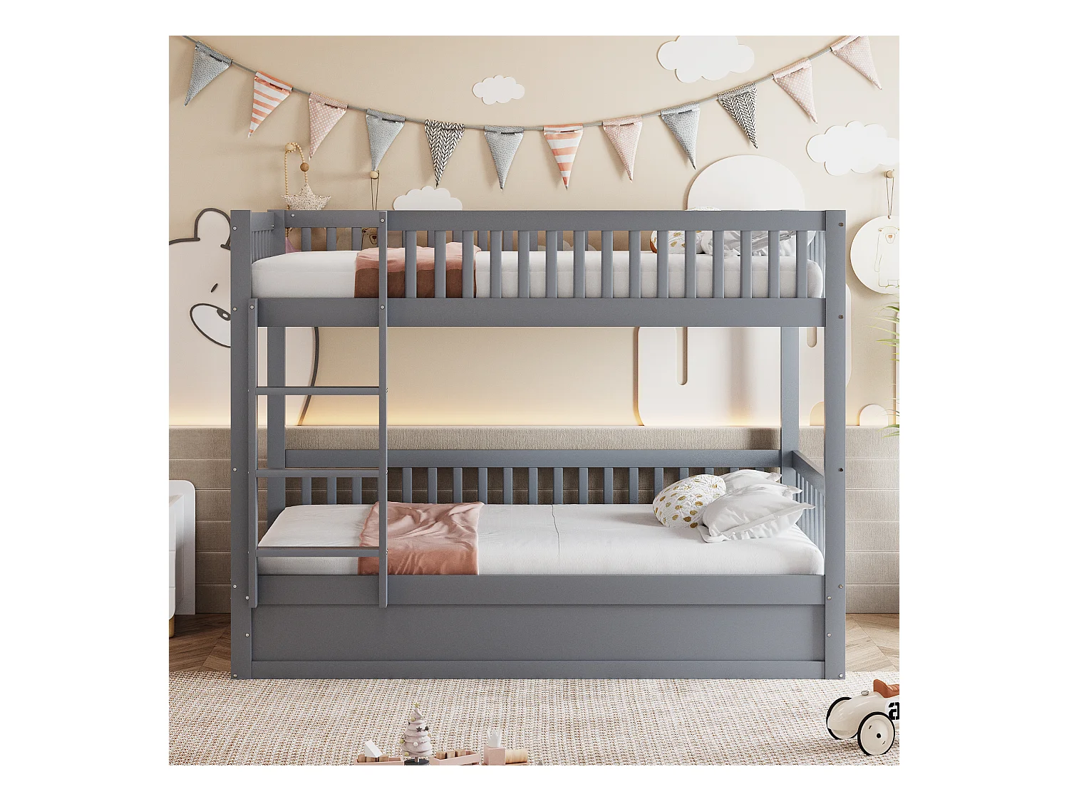 Lit superposé enfant 90x200cm - Bois massif - Lit coffre en dessous - gris (matelas non inclus)