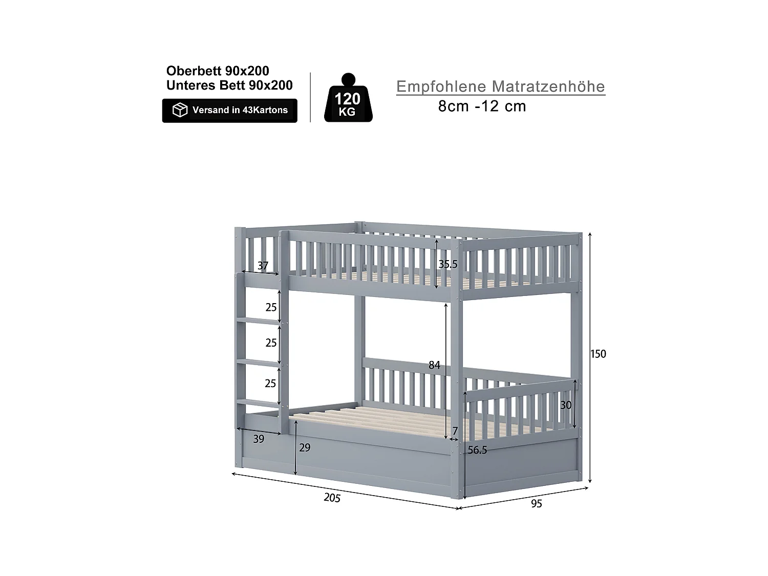 Lit superposé enfant 90x200cm - Bois massif - Lit coffre en dessous - gris (matelas non inclus)