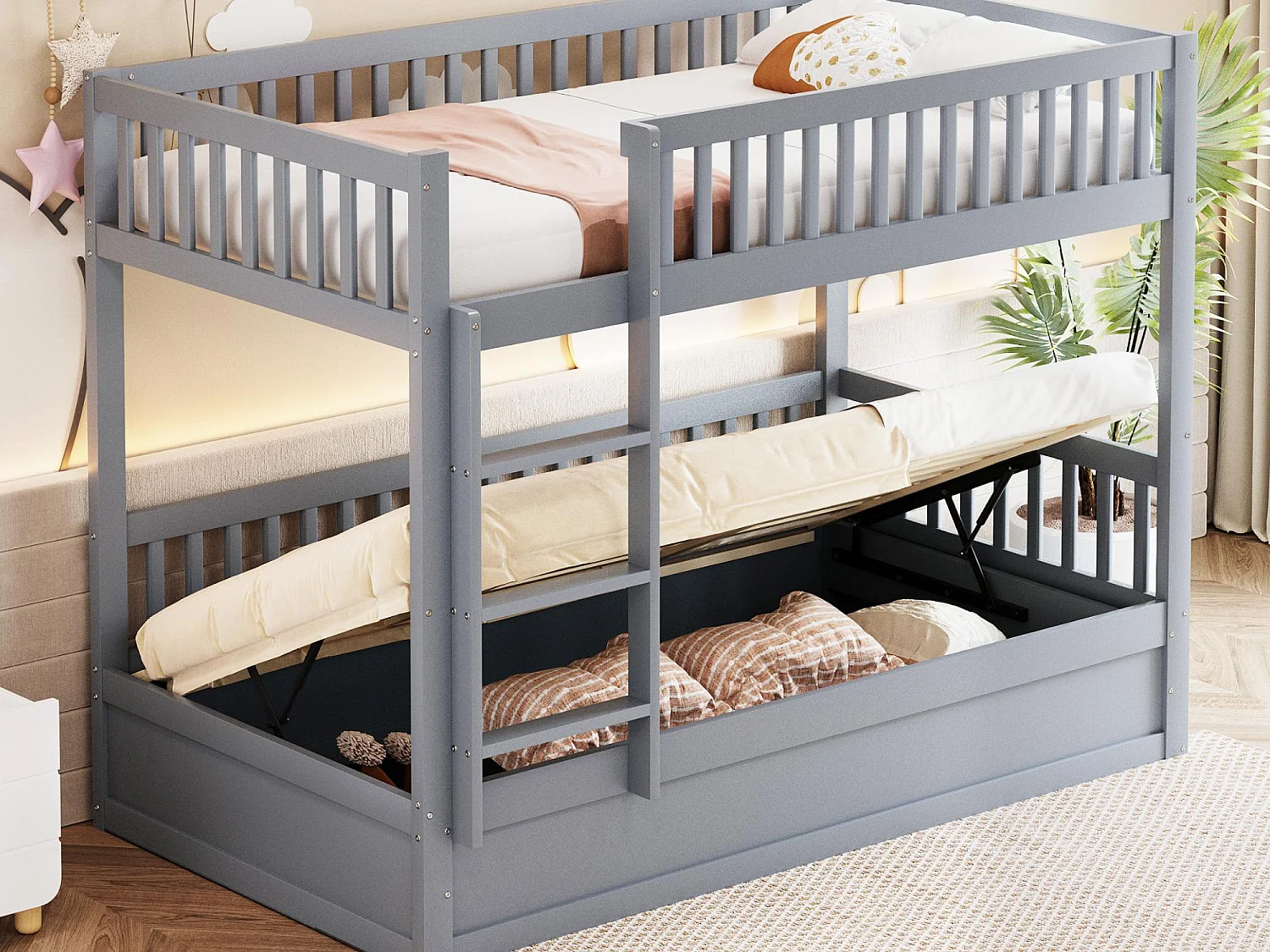 Lit superposé enfant 90x200cm - Bois massif - Lit coffre en dessous - gris (matelas non inclus)