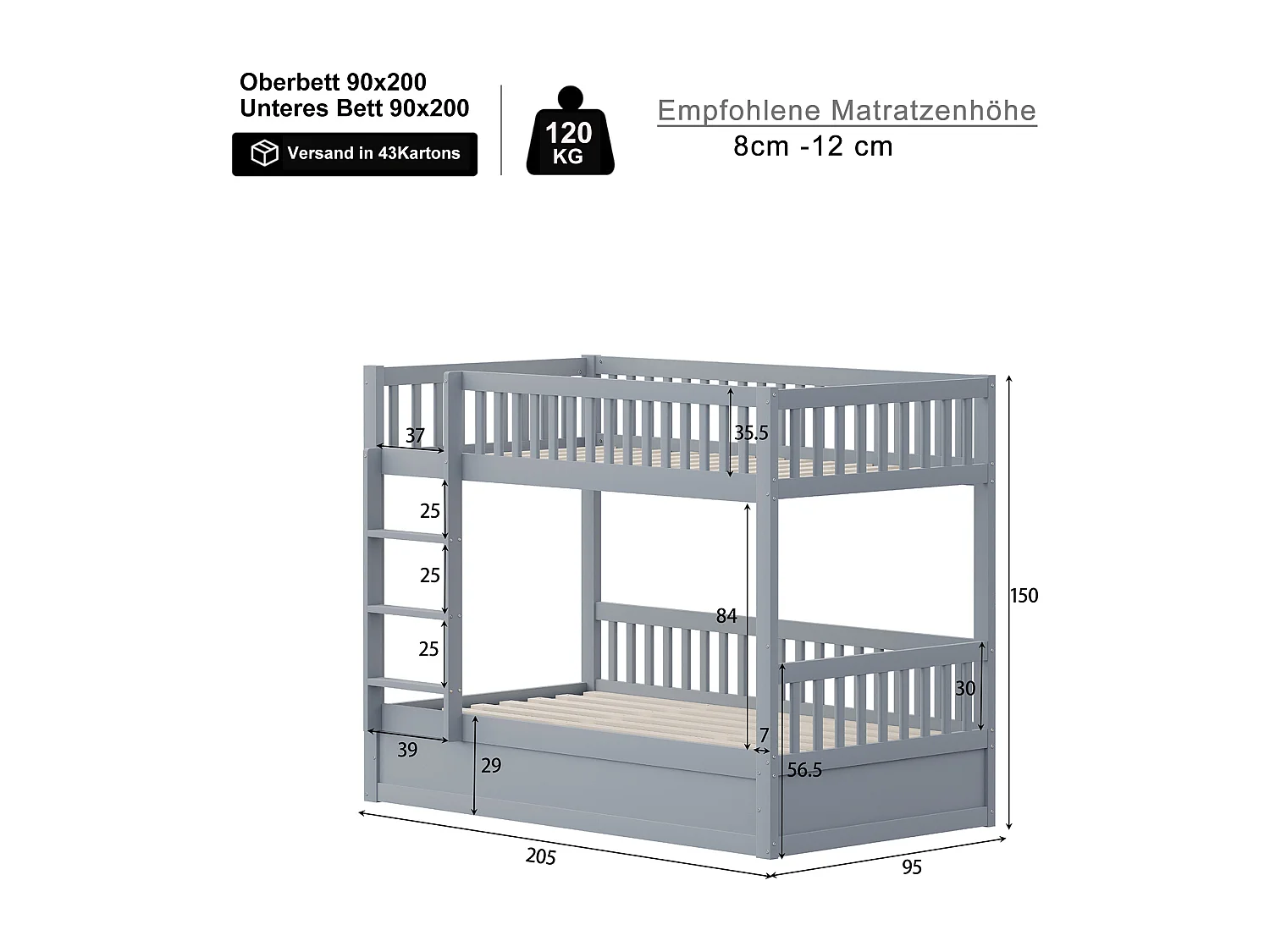 Lit superposé enfant 90x200cm - Bois massif - Lit coffre en dessous - gris (matelas non inclus)