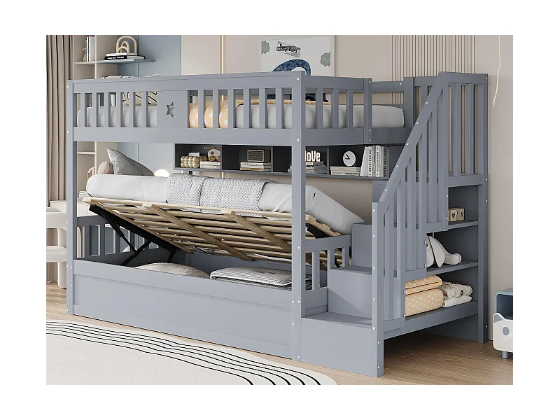 Litera 90×200 cm - Cama con almacenamiento inferior - Con escalera de seguridad - Con baúl de almacenamiento - gris