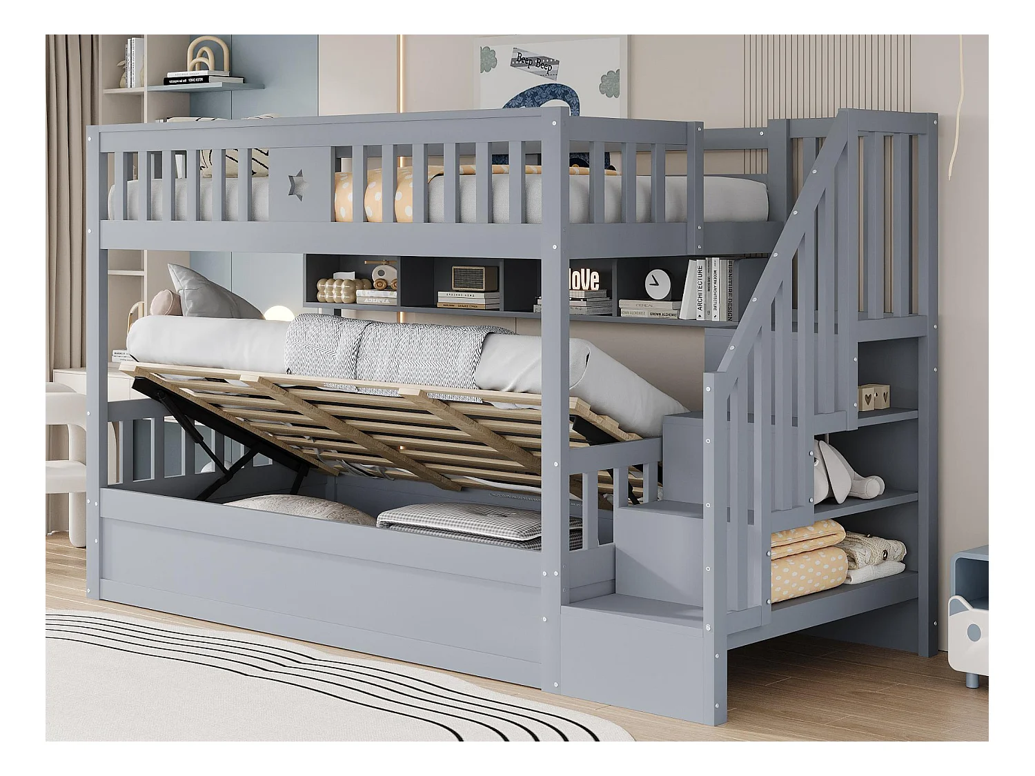 Lit superposé 90x200cm - Lit coffre en dessous - Avec échelle de sécurité - Avec coffre de rangement - gris