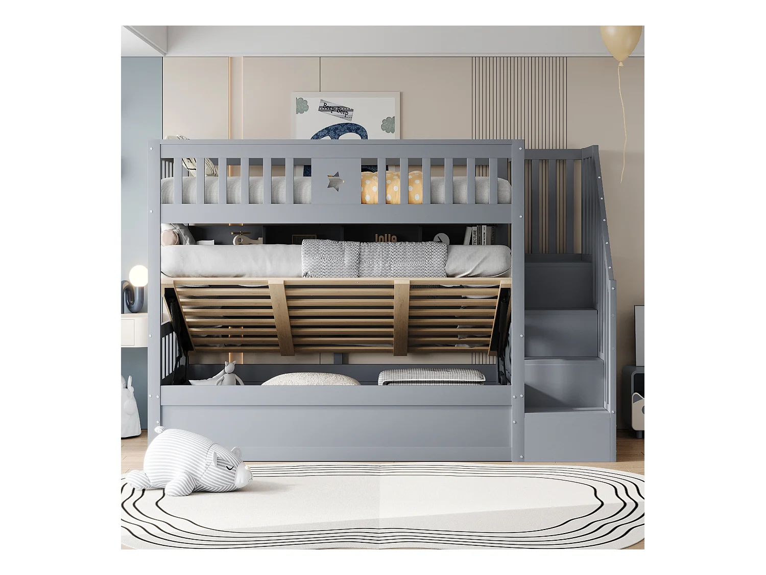 Lit superposé 90x200cm - Lit coffre en dessous - Avec échelle de sécurité - Avec coffre de rangement - gris