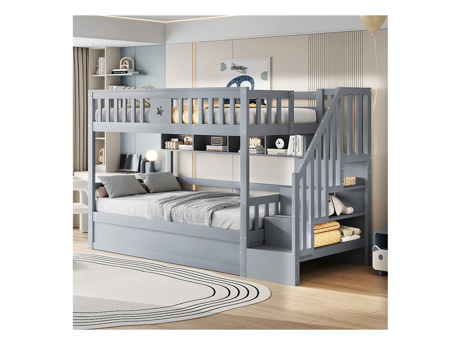 Lit superposé 90x200cm - Lit coffre en dessous - Avec échelle de sécurité - Avec coffre de rangement - gris