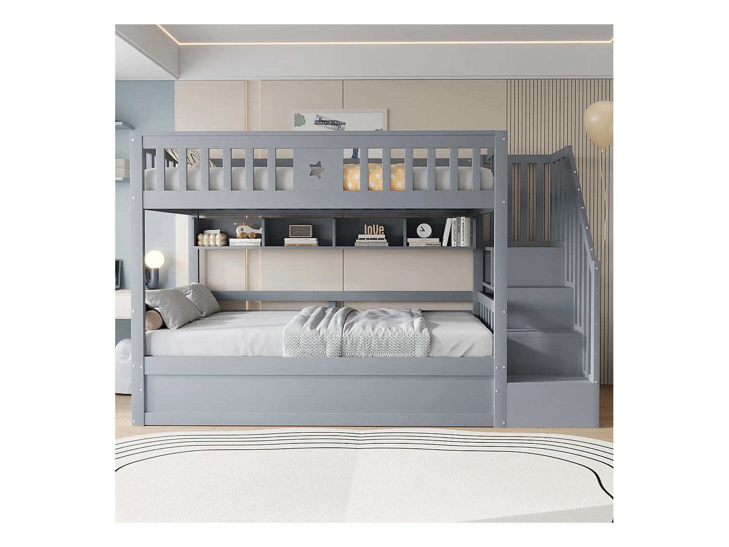 Lit superposé 90x200cm - Lit coffre en dessous - Avec échelle de sécurité - Avec coffre de rangement - gris