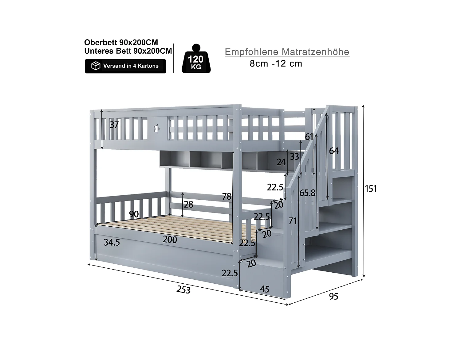 Lit superposé 90x200cm - Lit coffre en dessous - Avec échelle de sécurité - Avec coffre de rangement - gris