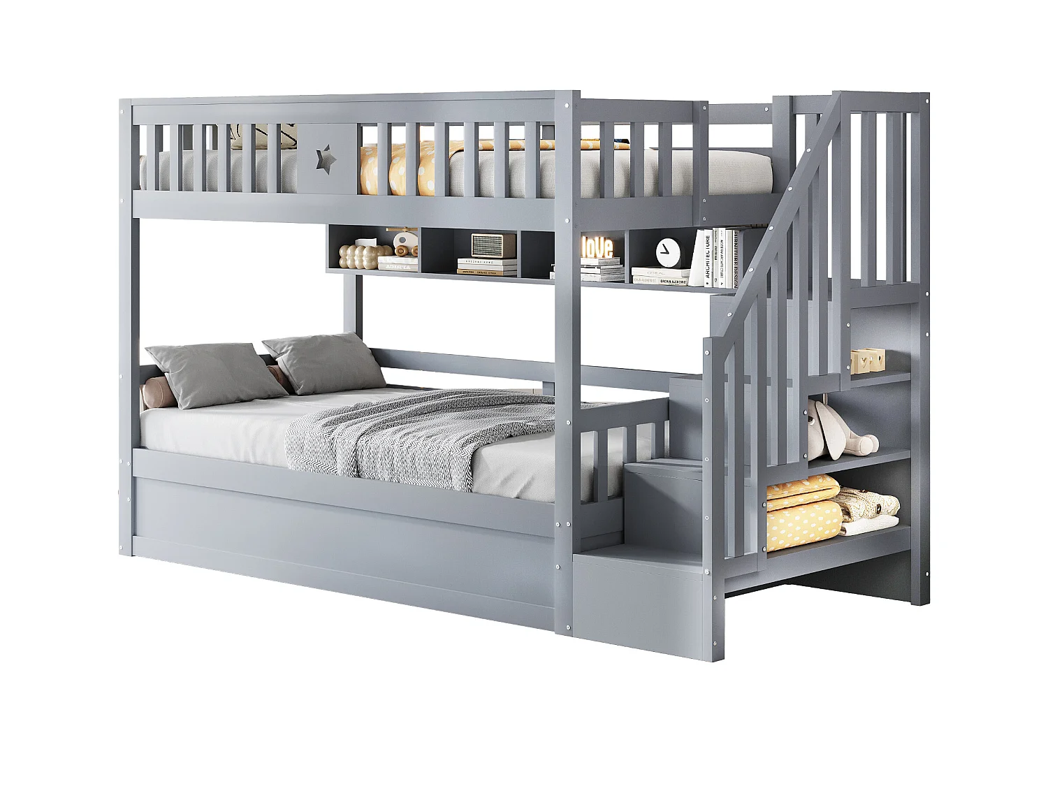 Lit superposé 90x200cm - Lit coffre en dessous - Avec échelle de sécurité - Avec coffre de rangement - gris