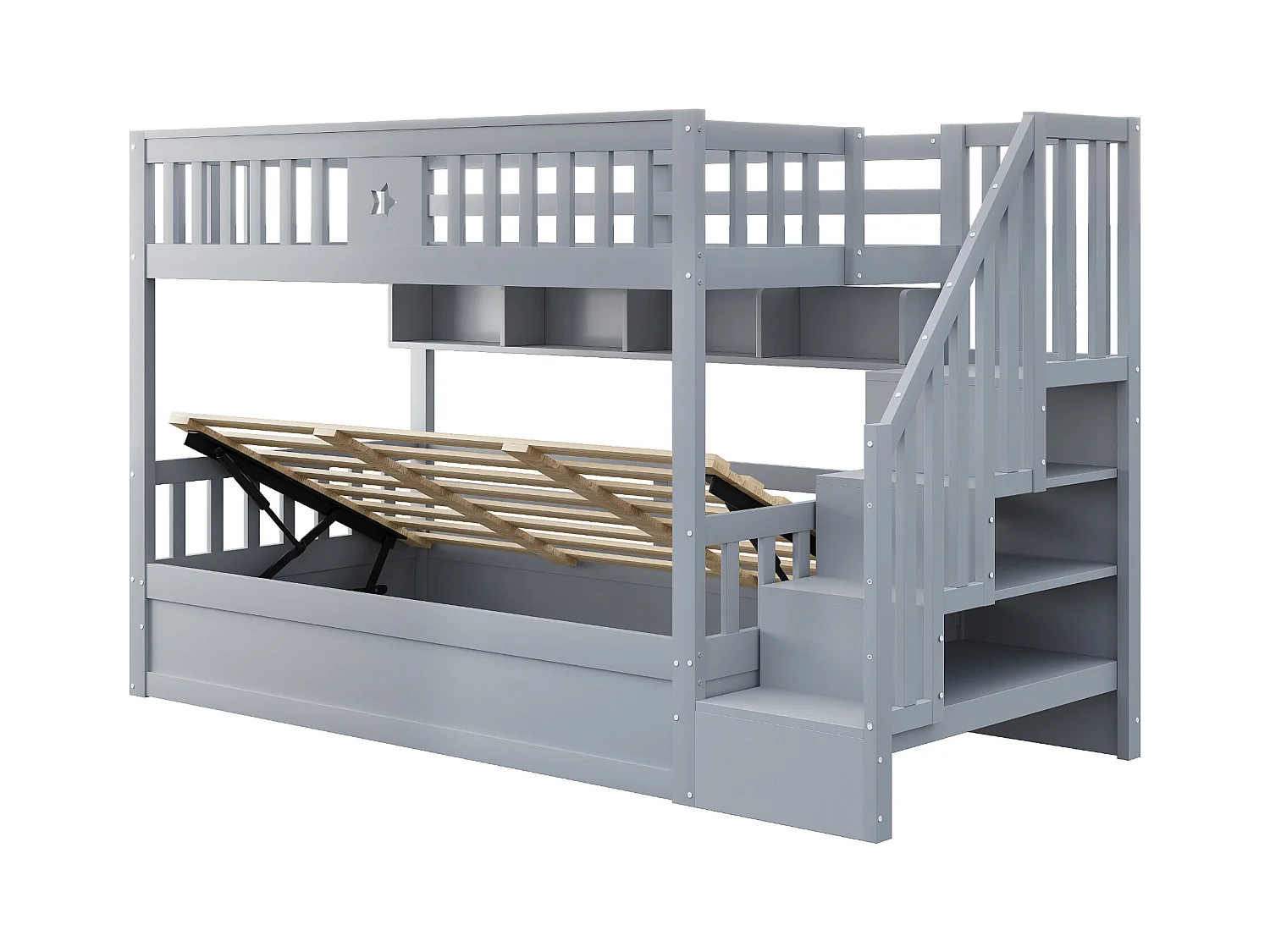 Lit superposé 90x200cm - Lit coffre en dessous - Avec échelle de sécurité - Avec coffre de rangement - gris