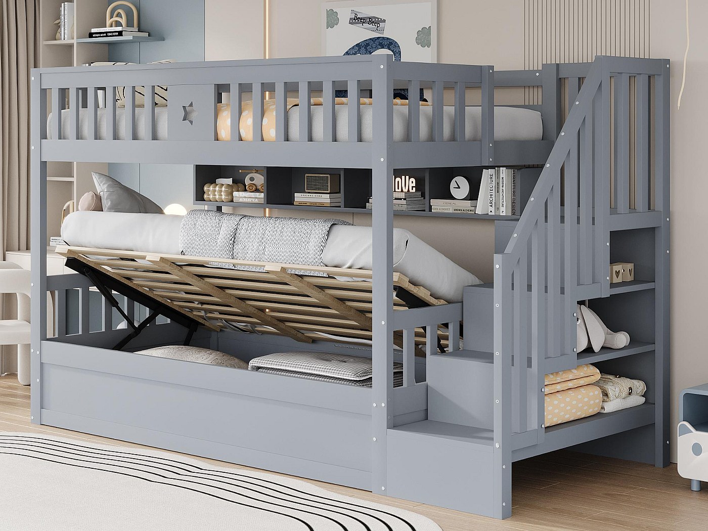 Literas Con Cajones KecDuey Litera Infantil De 90 X 200 Cm, Cama Doble,  Multifuncional, Con Tobogán Y Escaleras, Con 2 Cajones, Con Puerta  Magnética, Sin Colchón, Madera Cama Nido Doble A La Misma Altura, image size:1400x1050