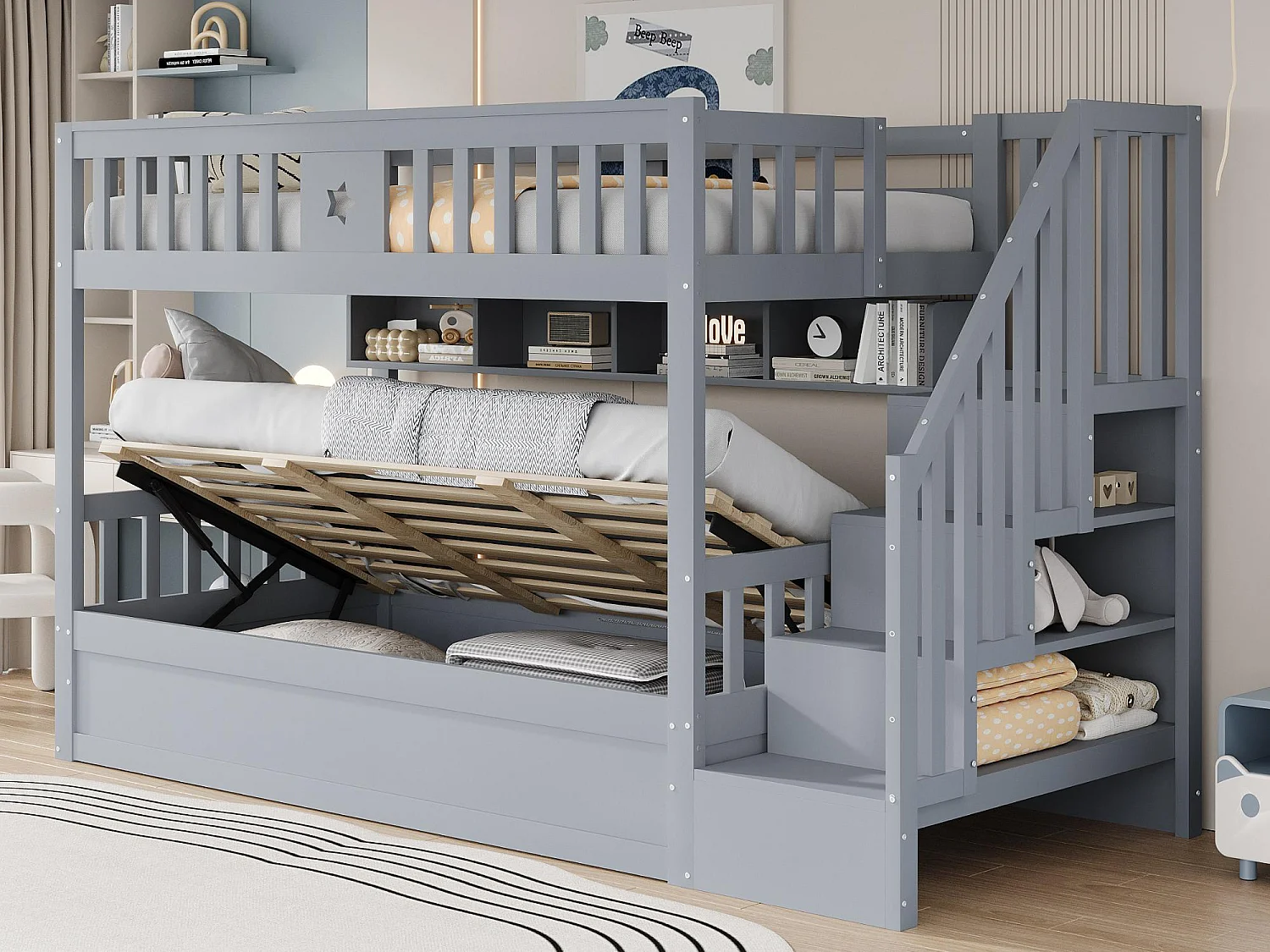 Lit superposé 90x200cm - Lit coffre en dessous - Avec échelle de sécurité - Avec coffre de rangement - gris