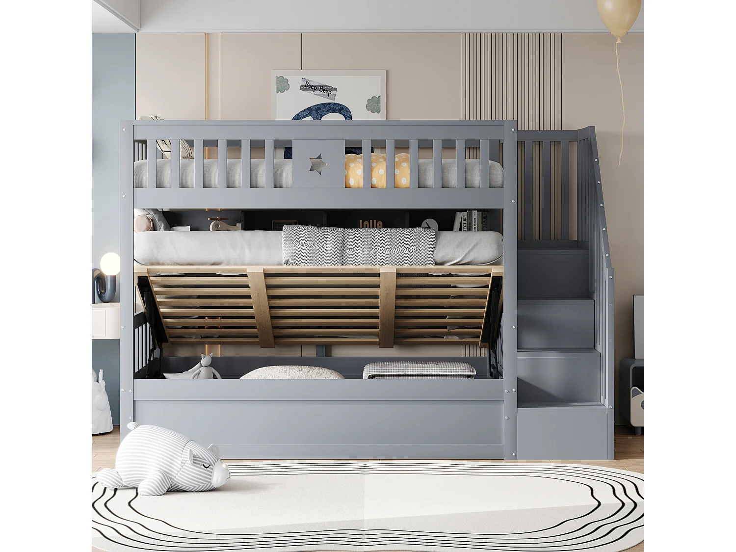 Lit superposé 90x200cm - Lit coffre en dessous - Avec échelle de sécurité - Avec coffre de rangement - gris