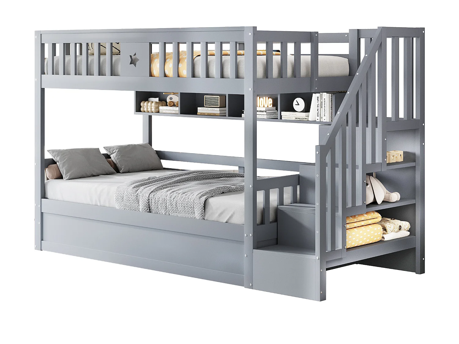 Lit superposé 90x200cm - Lit coffre en dessous - Avec échelle de sécurité - Avec coffre de rangement - gris