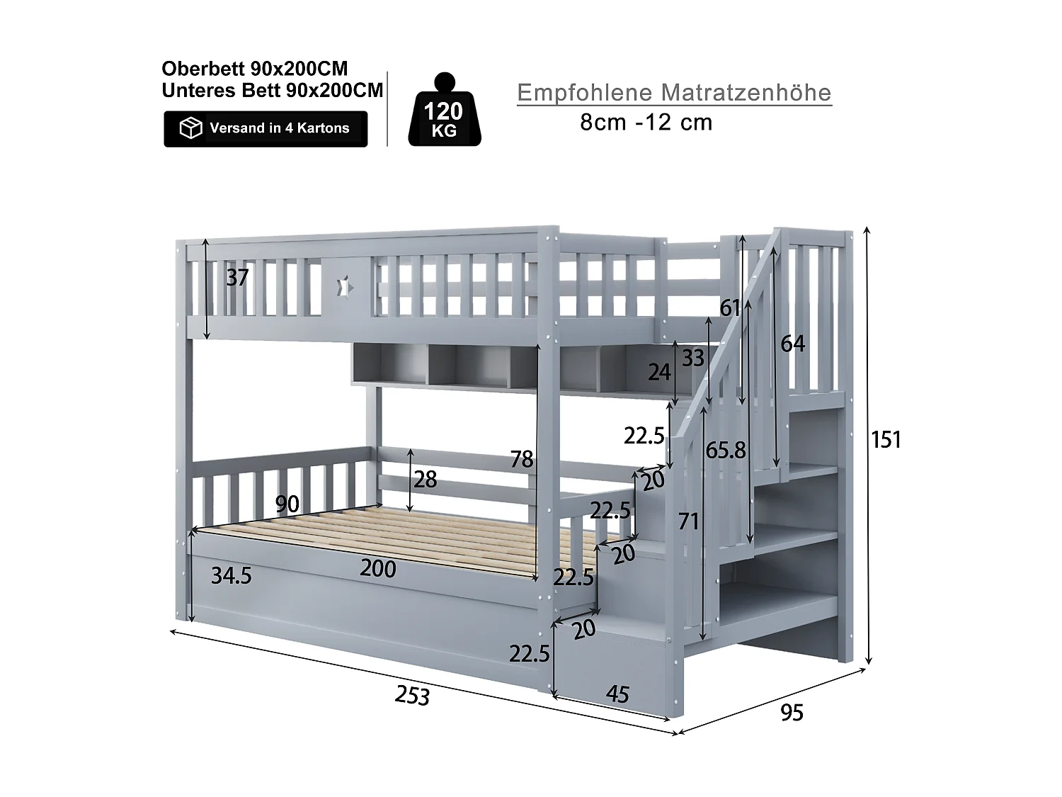 Etagenbett 90×200 cm - Bett mit Stauraum unten - Mit Sicherheitsleiter - Mit Aufbewahrungstruhe - grau