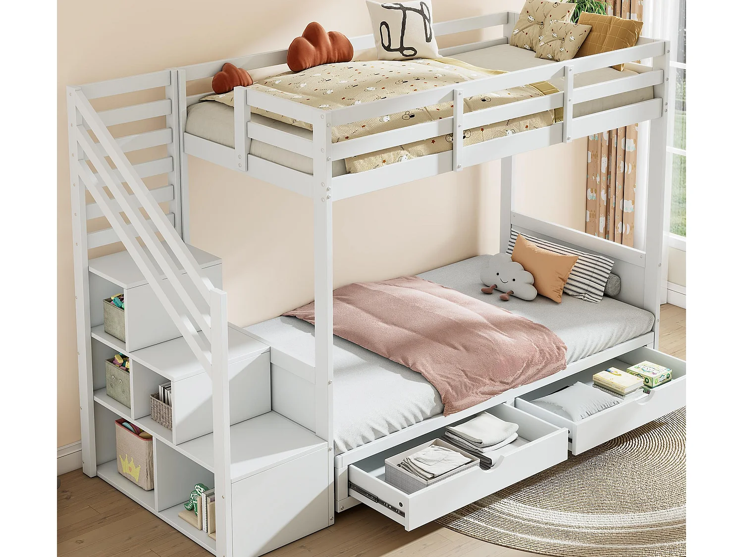 Lit superposé 90x200 cm - avec casier d'escalier et garde-corps - avec 2 tiroirs - Blanc (sans matelas)