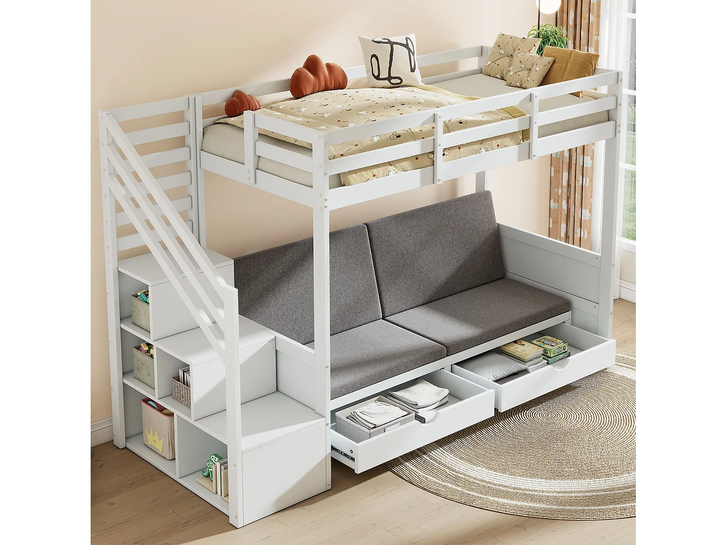 Lit superposé 90x200 cm - avec casier d'escalier et garde-corps - avec 2 tiroirs - Blanc (sans matelas)