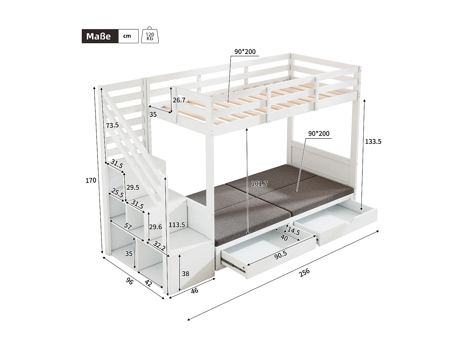 Lit superposé 90x200 cm - avec casier d'escalier et garde-corps - avec 2 tiroirs - Blanc (sans matelas)