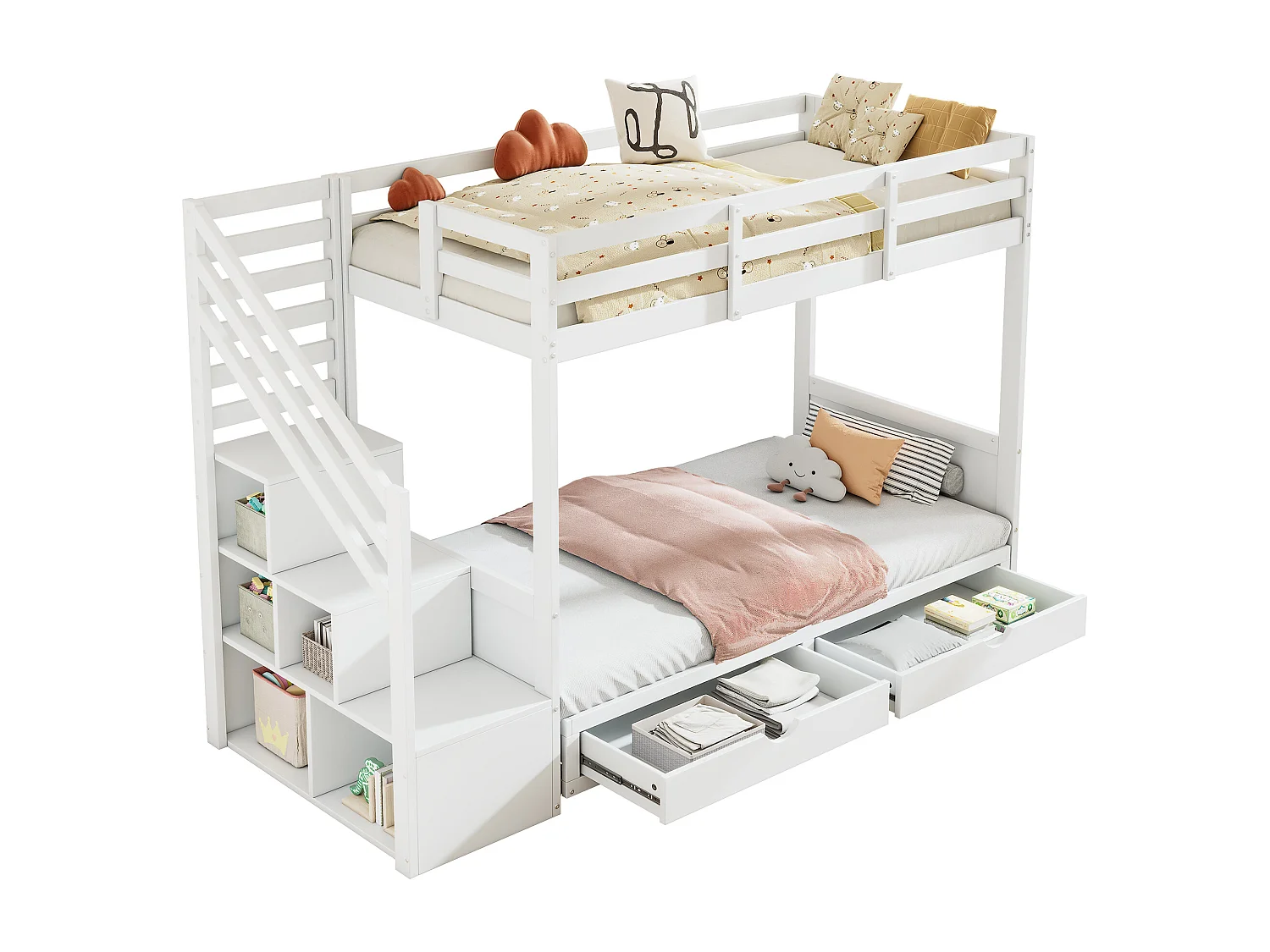 Lit superposé 90x200 cm - avec casier d'escalier et garde-corps - avec 2 tiroirs - Blanc (sans matelas)