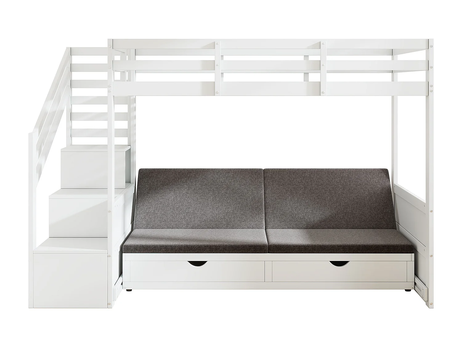 Lit superposé 90x200 cm - avec casier d'escalier et garde-corps - avec 2 tiroirs - Blanc (sans matelas)