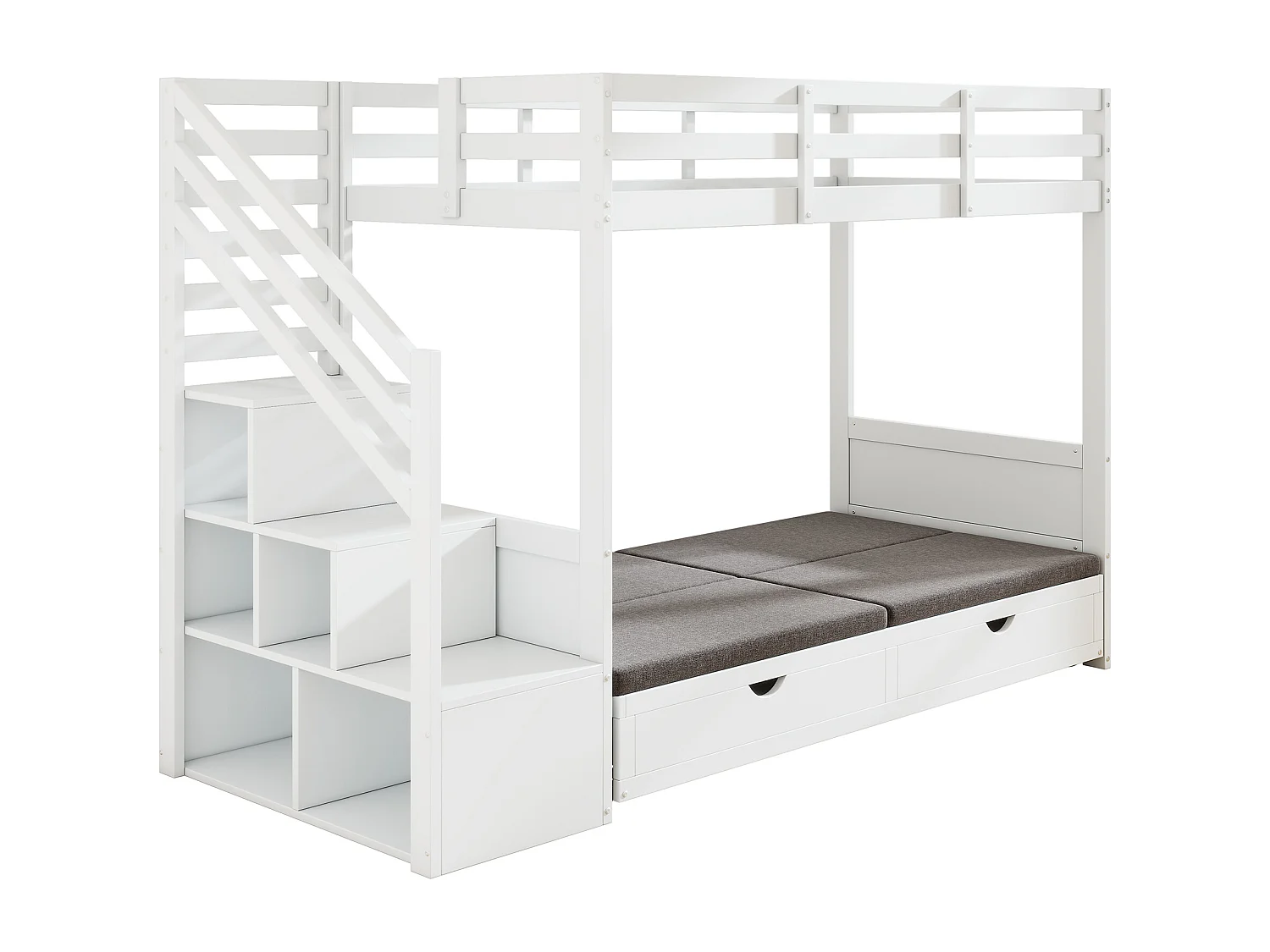 Lit superposé 90x200 cm - avec casier d'escalier et garde-corps - avec 2 tiroirs - Blanc (sans matelas)