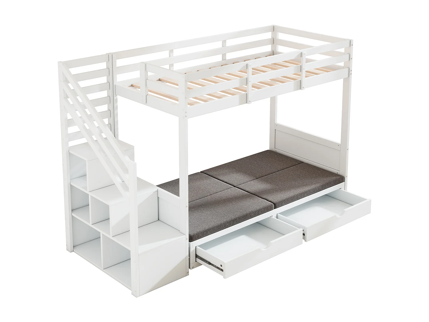 Lit superposé 90x200 cm - avec casier d'escalier et garde-corps - avec 2 tiroirs - Blanc (sans matelas)